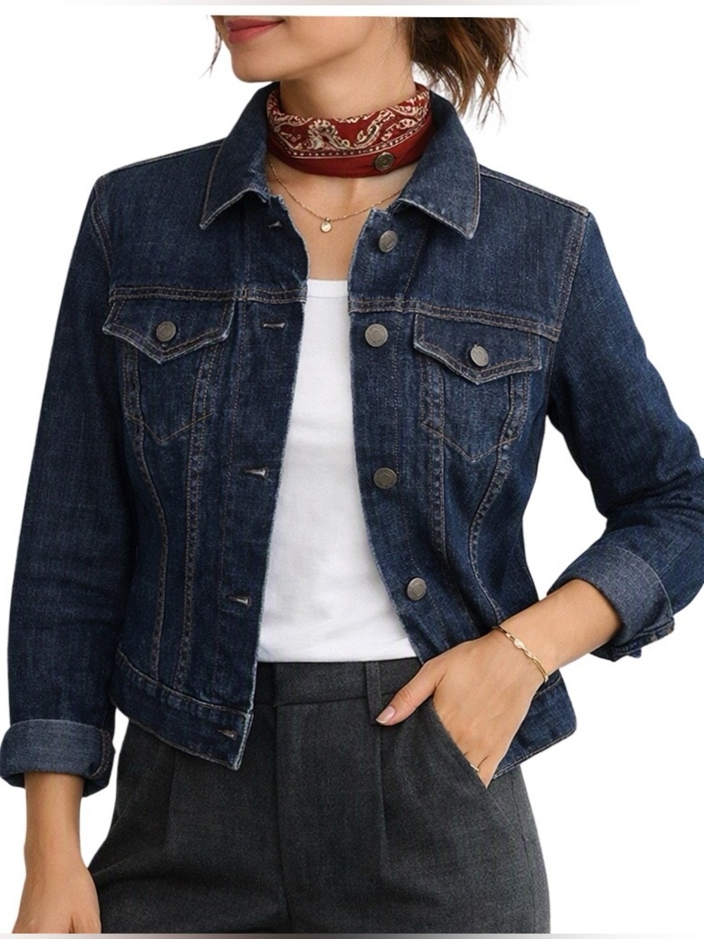 Gap Women’s Medium Blue Denim Jacket Western Yoke Waist‑Length Classic Fit